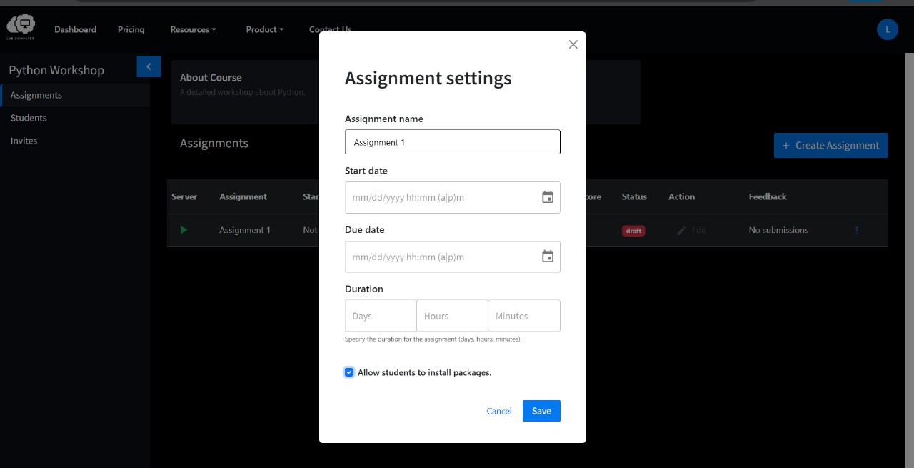 Screenshot: Allow Students to Install Packages
