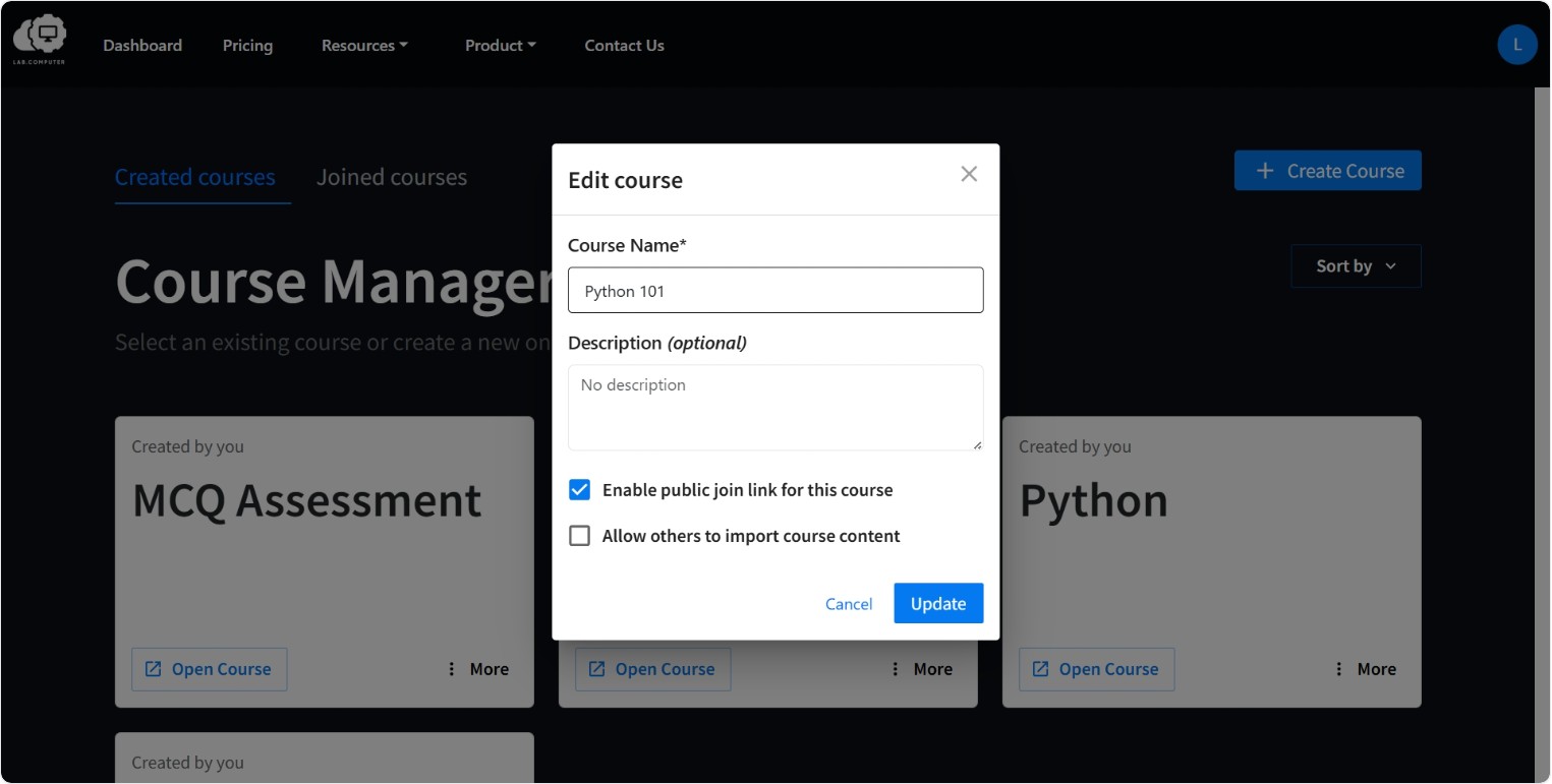 Screenshot: Editing Course Configuration