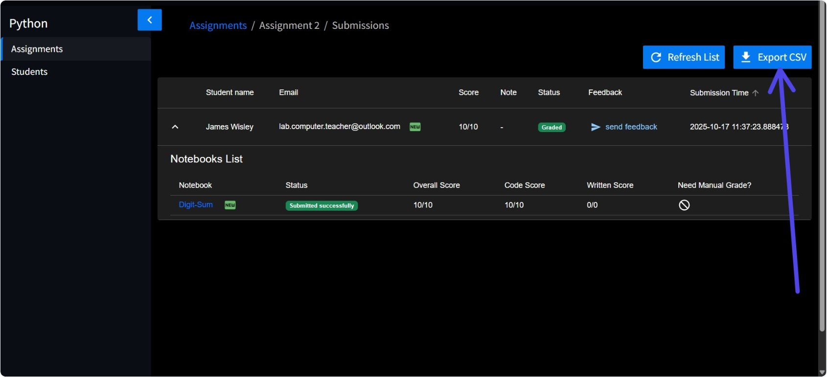 Screenshot: Export CSV