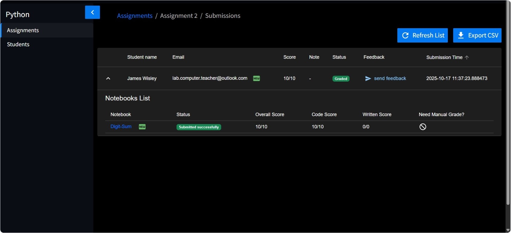 Screenshot: Grade View